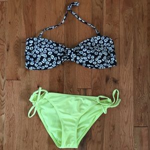 Floral bandeau swim top with neon yellow bottoms